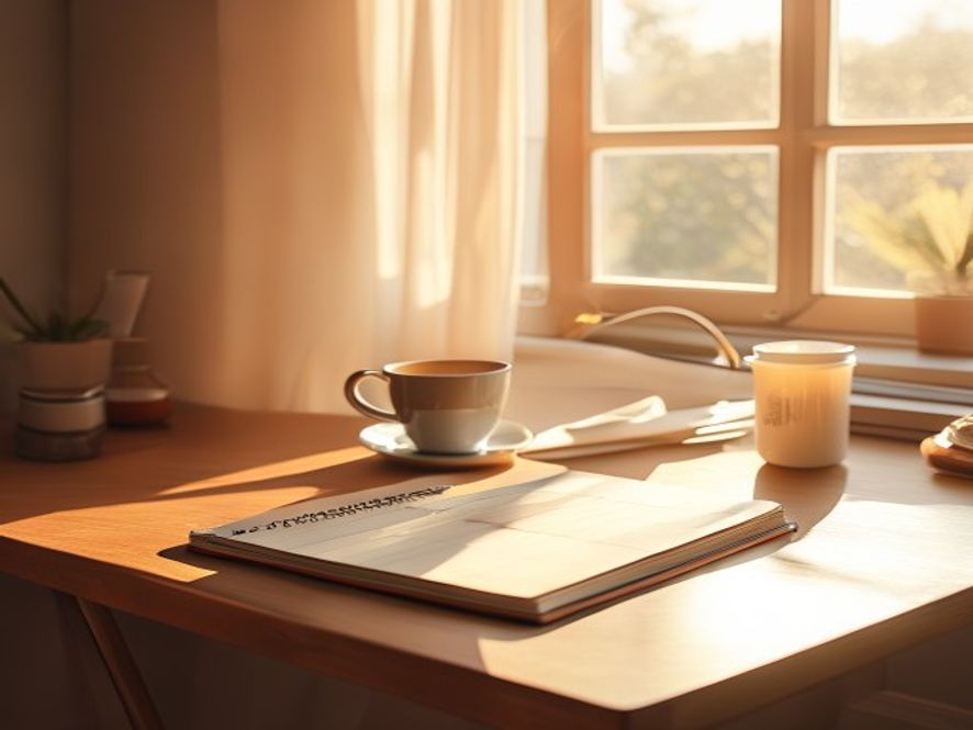 Afternoon sunlight across open desk with working materials and coffee